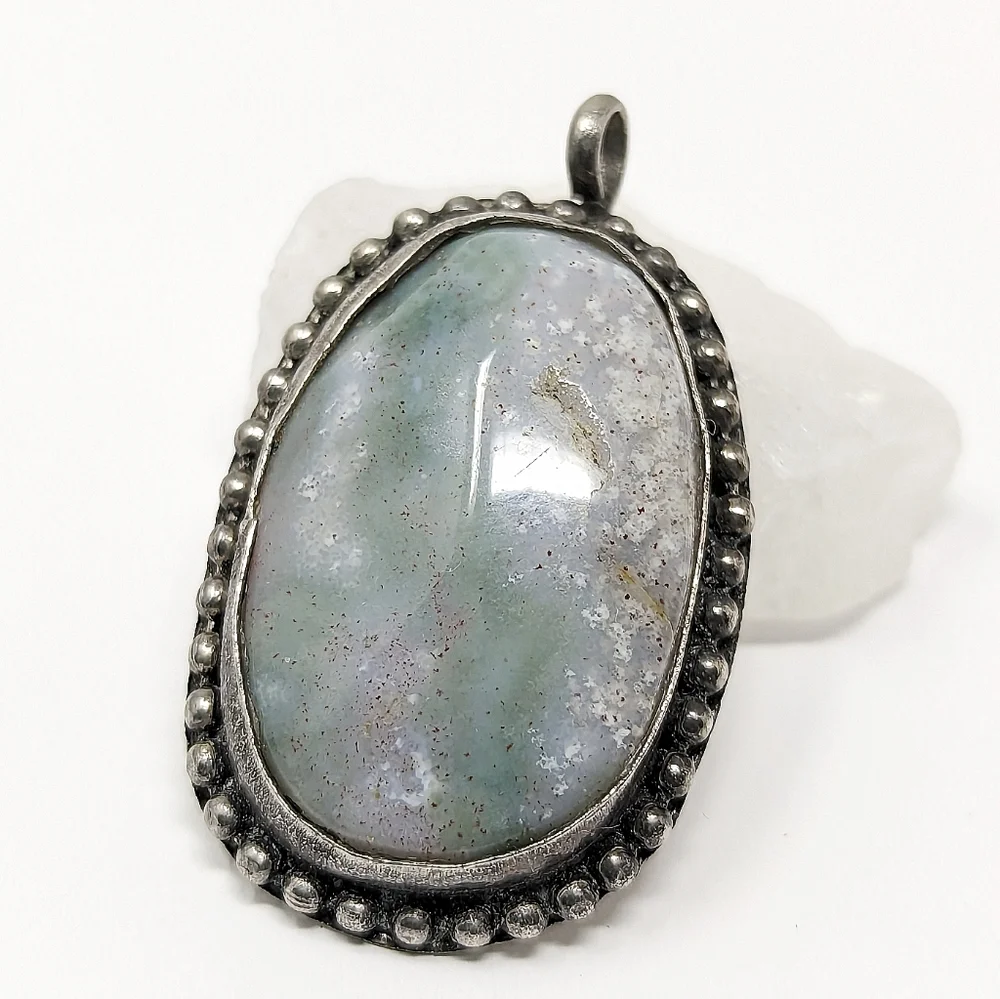 Vintage sterling silver oval handmade artisan handcrafted stone pendant 925 - Picture 2 of 7